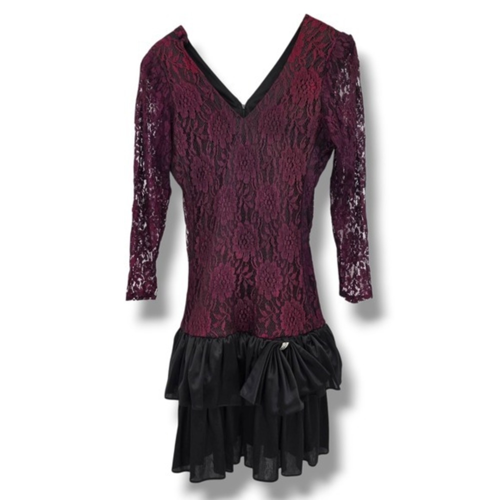 Cybill Stewart Vintage Lace Party Dress Cocktail Fit & Flare Maroon Black 80s - Picture 1 of 13